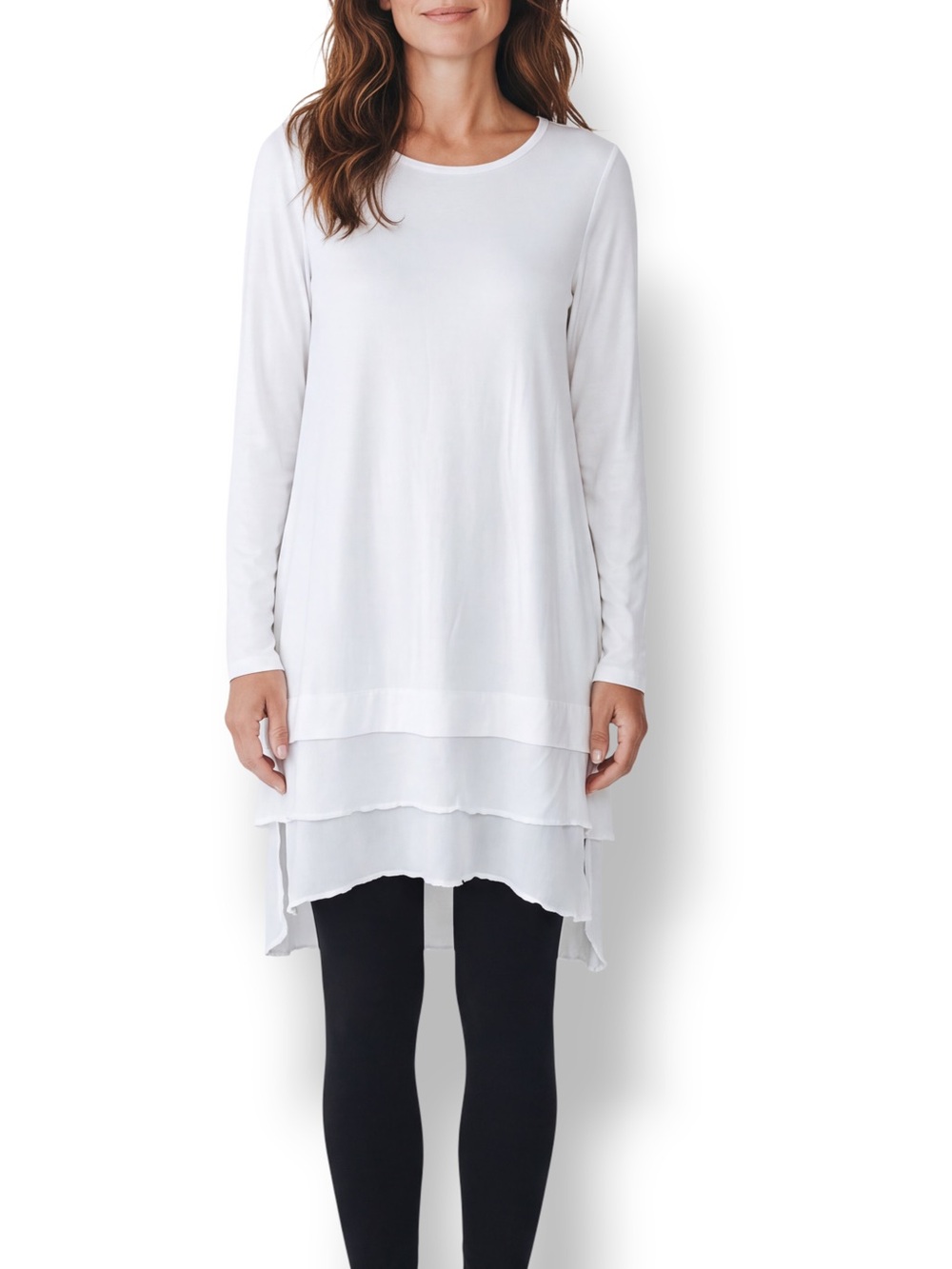 4/$20 Joan Vass White Modal Tunic Dress Small Layered Chiffon Hem Stretch